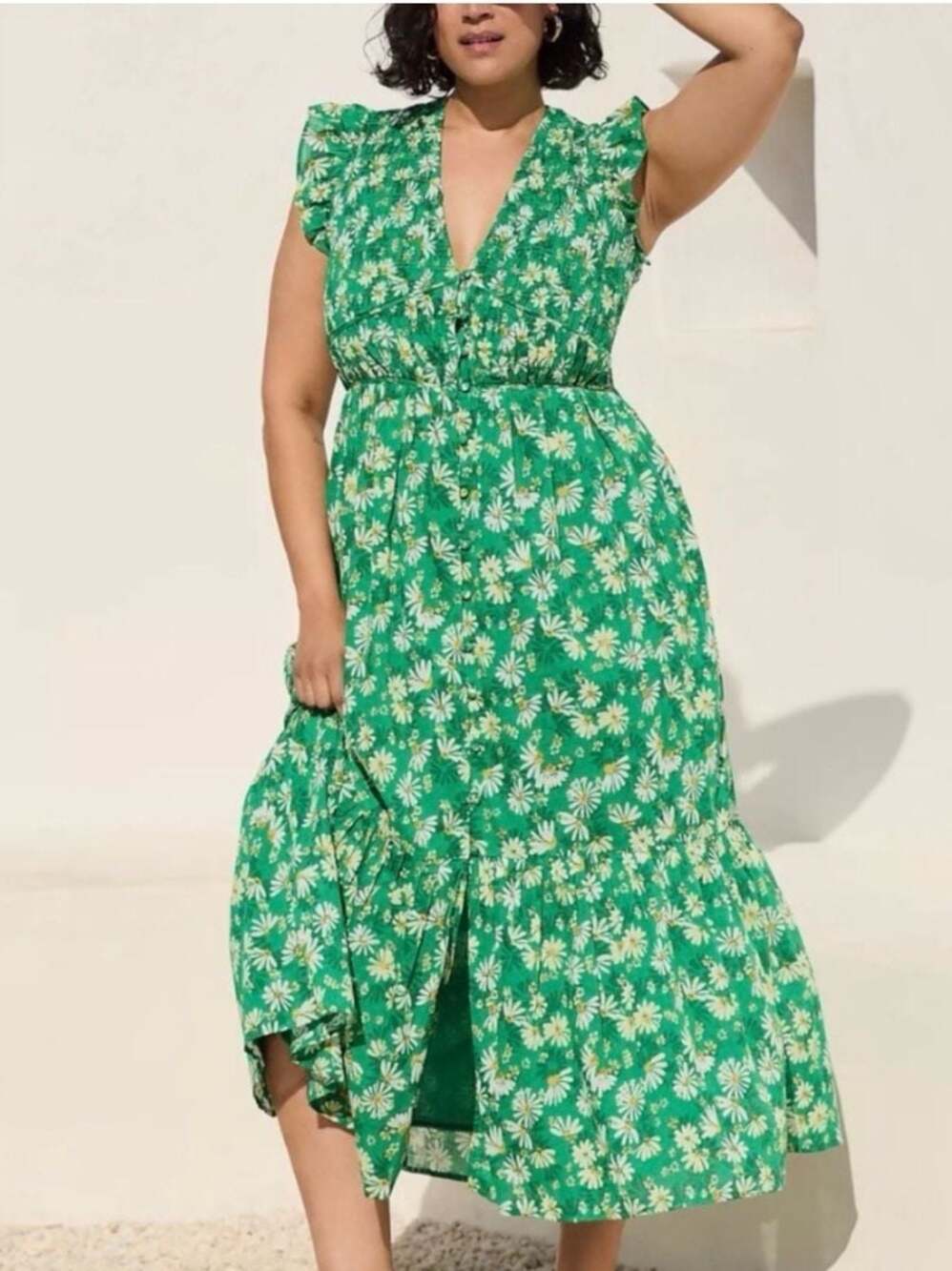 Anthropologie Green Daisy Floral Smocked Midi Dress - Picture 1 of 4